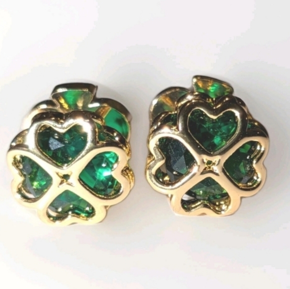 18k Yellow gold Plated Lab Created Emerald Heart Shaped four leaf Clover Stud